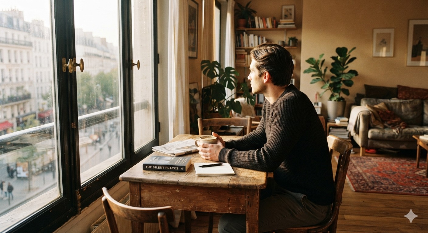 A man at a window table with coffee and a book, looking out over the rooftops